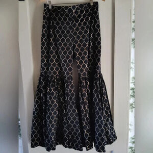 Chinyere Women's Black with Gold Trellis Print Pant | Flared Ruffled Bottom | Sm